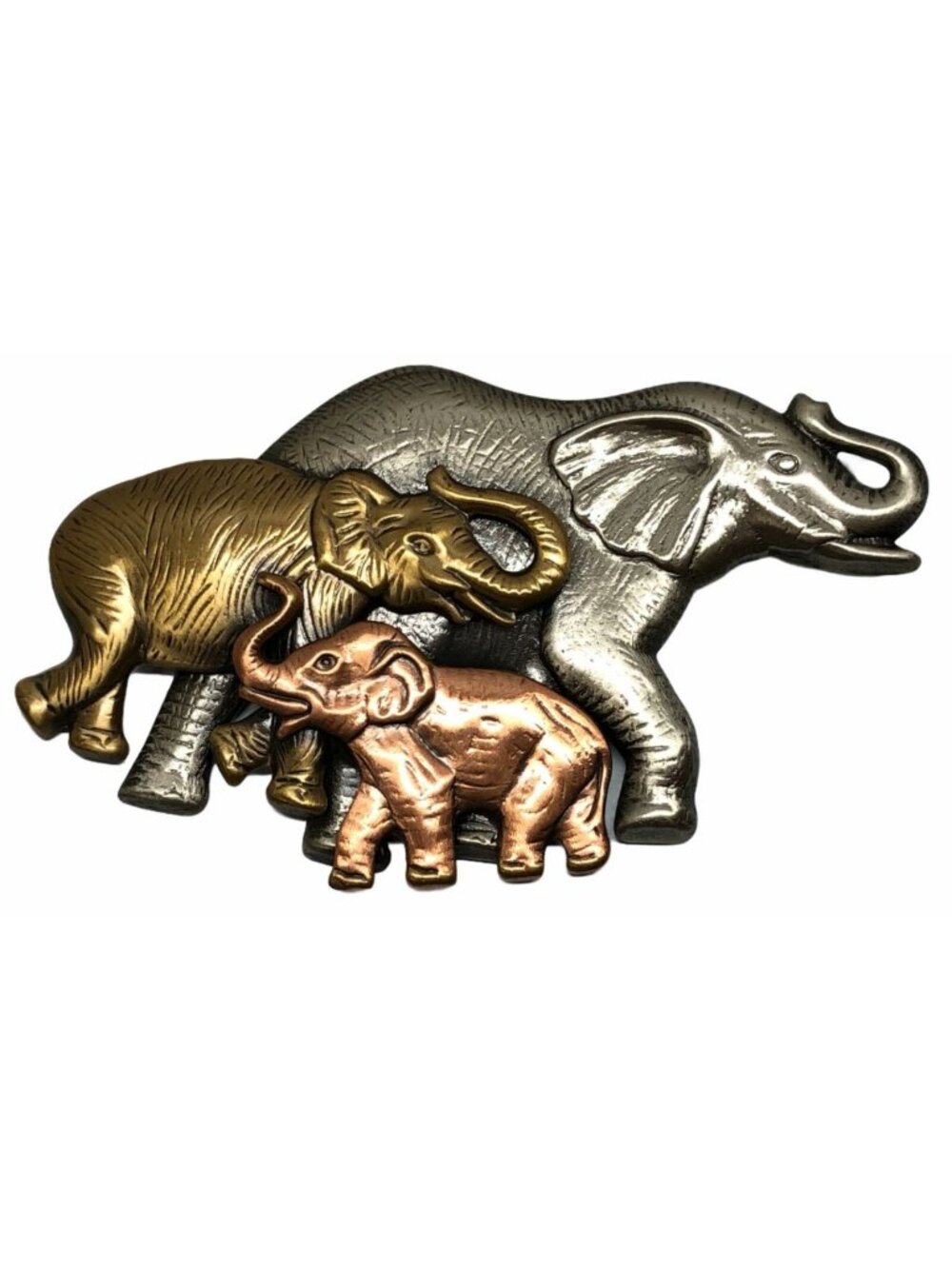K & T Elephant Family Brooch Pin Figural Alloy Costume Jewelry Tricolor 1"x1"